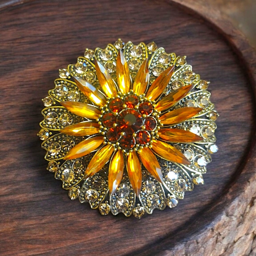 Champagne and Amber Rhinestone Sunflower Brooch